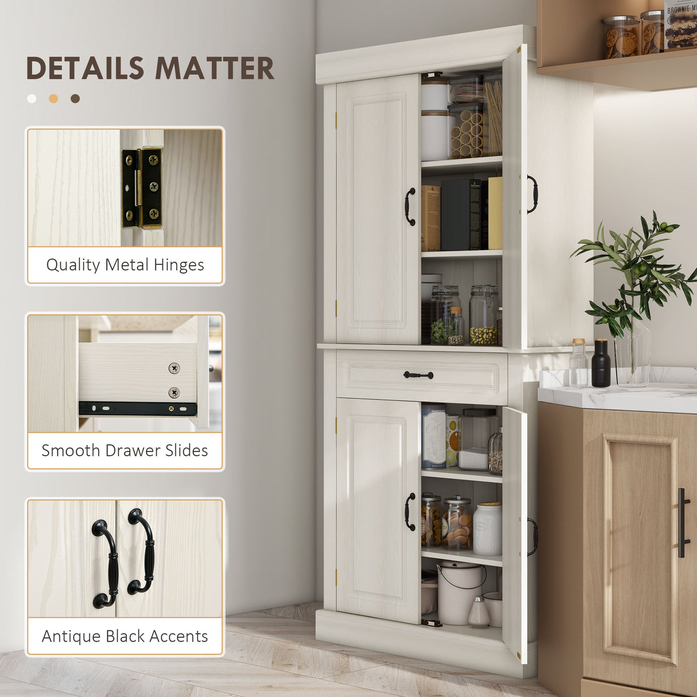71" Freestanding Kitchen Pantry with 4 Doors and 2 Cabinets, Tall Storage Cabinet for Kitchen, Distressed White