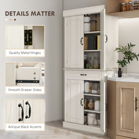 71" Freestanding Kitchen Pantry with 4 Doors and 2 Cabinets, Tall Storage Cabinet for Kitchen, Distressed White