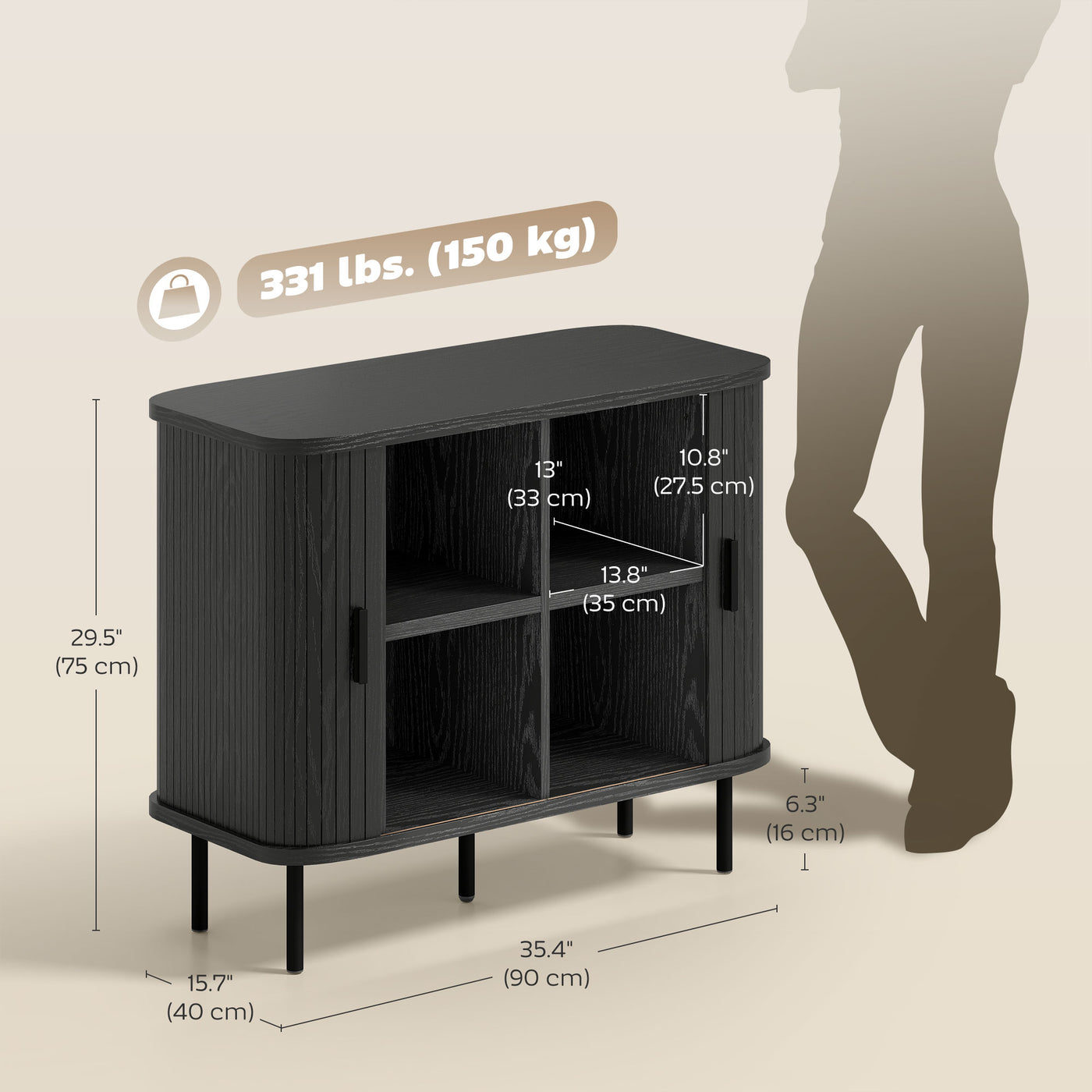35.4" Sideboard Buffet Cabinet with Storage, Nordic Coffee Bar Cabinet with Slatted Tambour Doors and Metal Legs, Black