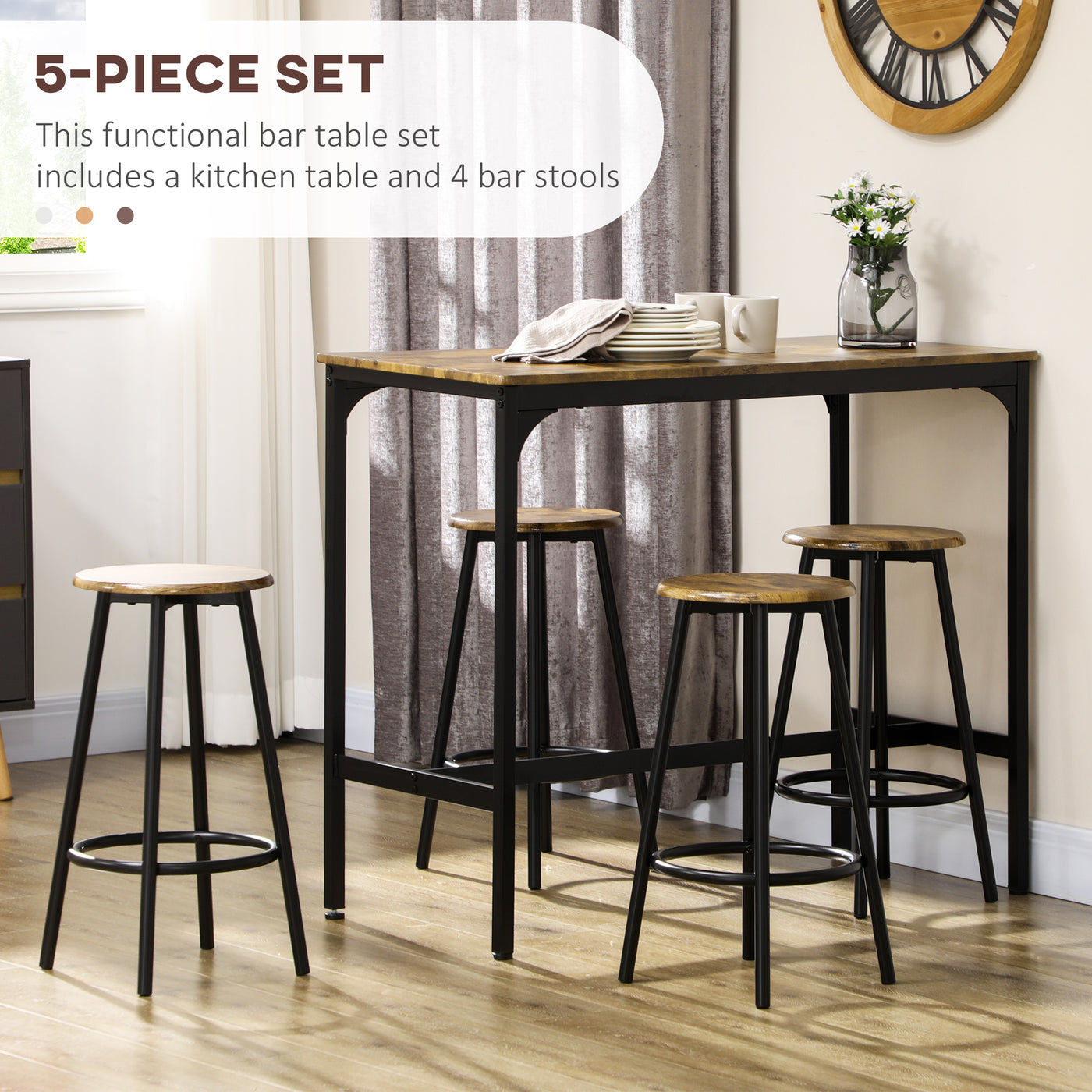 5-Piece Bar Table Set for 4, Industrial Counter Height Bar Table and Chairs for Kitchen, Dining Room, Rustic Brown