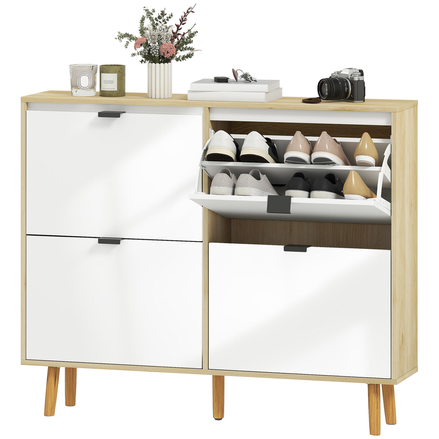 Narrow Shoe Cabinet, High Gloss Shoe Storage Cabinet with 4 Flip Drawers and Adjustable Shelves, Holds 20 Pairs, White