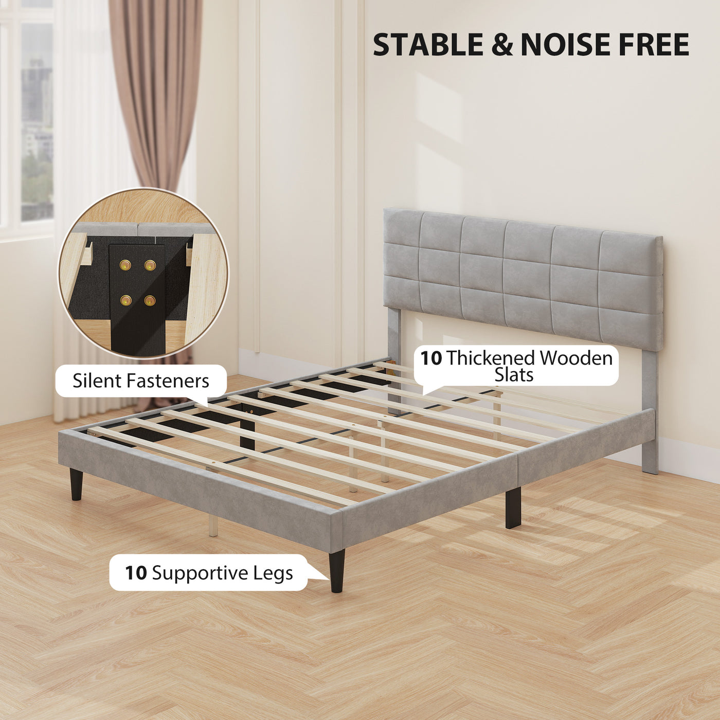 Queen Size Bed Frame with Upholstered Headboard, Modern Platform Bed Frame with Wood Slats, 1100 lbs Capacity, Grey