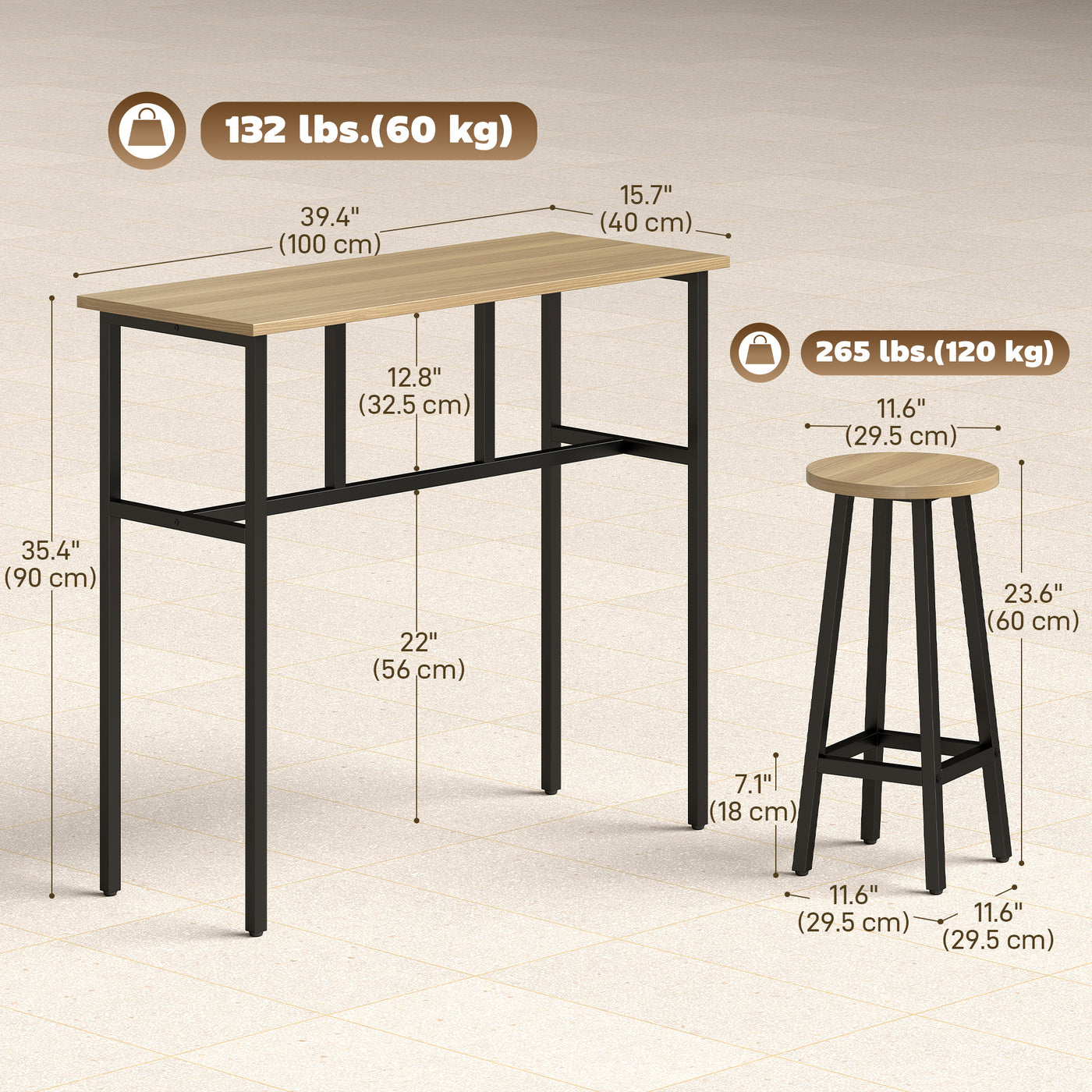 Bar Table Set of 6, Bar Table and Stools for 4, 2 Breakfast Tables and 4 Stools for Living Room, Grey-Brown