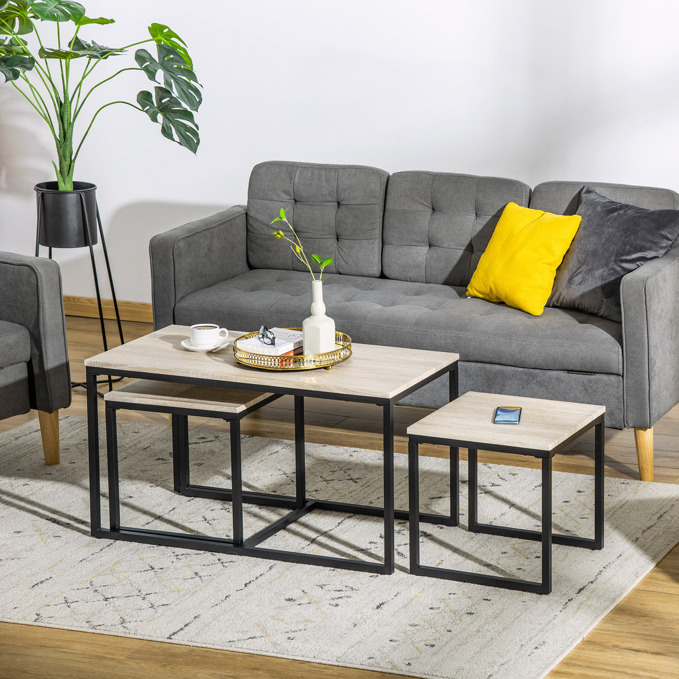 Nesting Coffee Table Set of 3, Modern End Tables with Black Metal Frame for Living Room Home Furniture, Natural