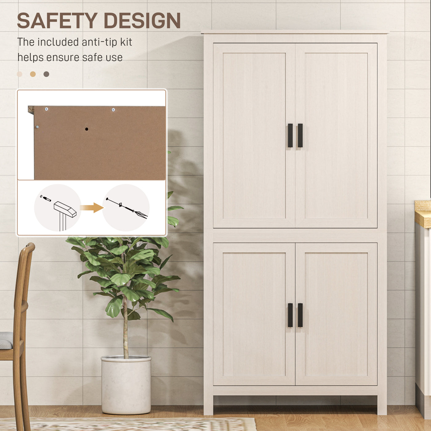 64" Kitchen Pantry Cabinet, Freestanding Storage Cabinet with 4 Doors, 3 Adjustable Shelves, Antique White