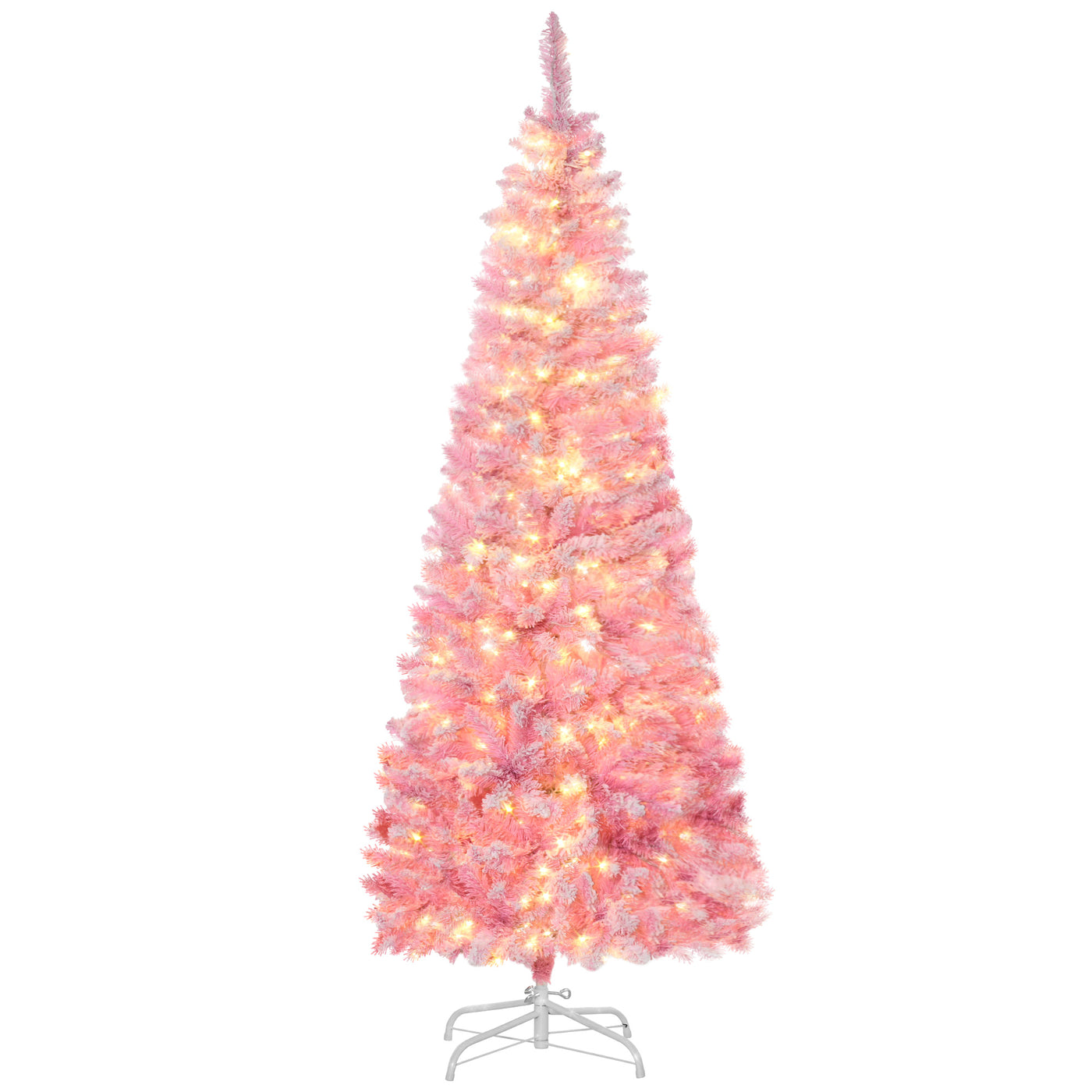 6 Foot Prelit Snow Flocked Artificial Christmas Tree with Pencil Shape, 500 Pine Realistic Branches, Warm White LED lights, Auto Open, Pink and White