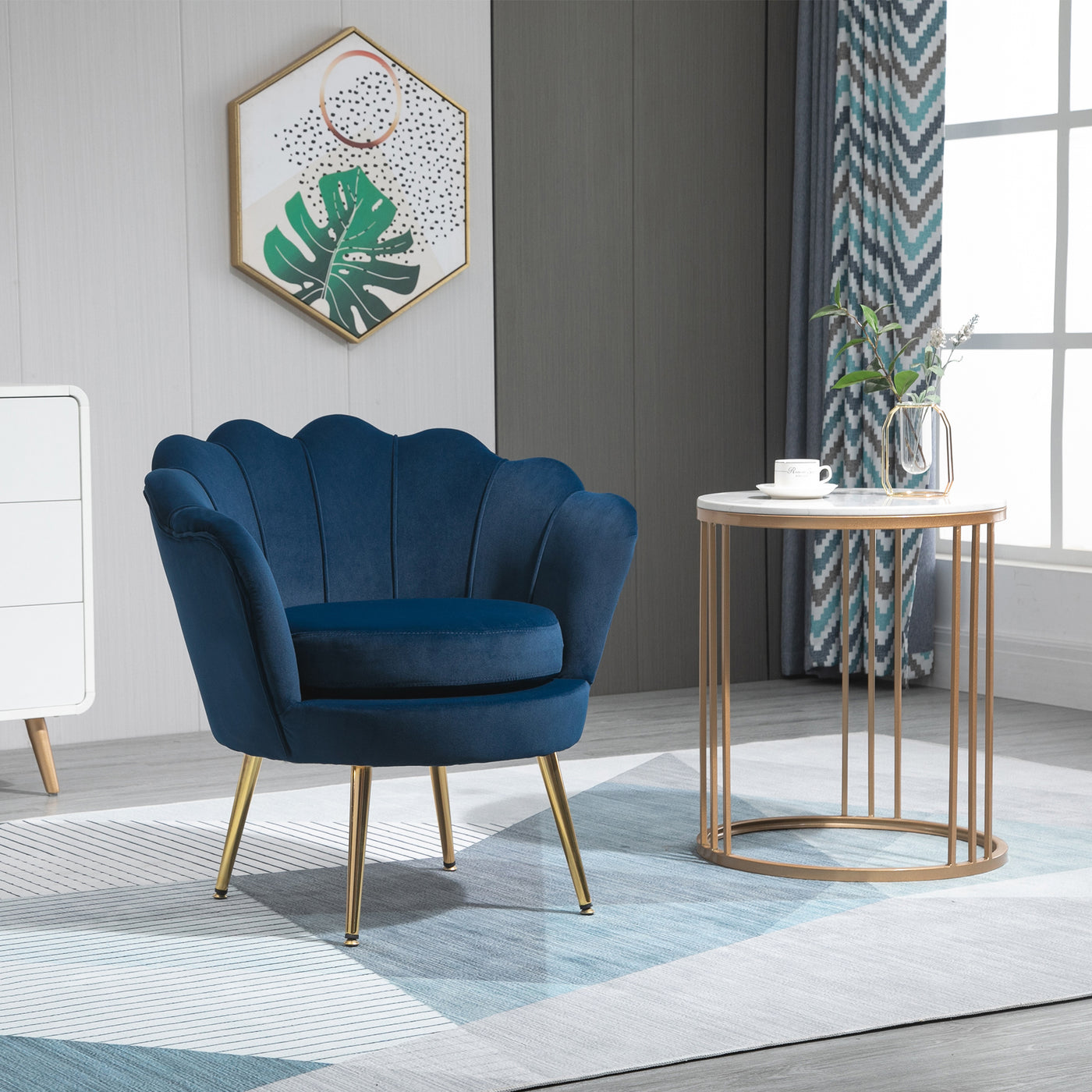 Modern Accent Chair, Velvet-Touch Fabric Leisure Club Chair with Gold Metal Legs for Bedroom, Blue