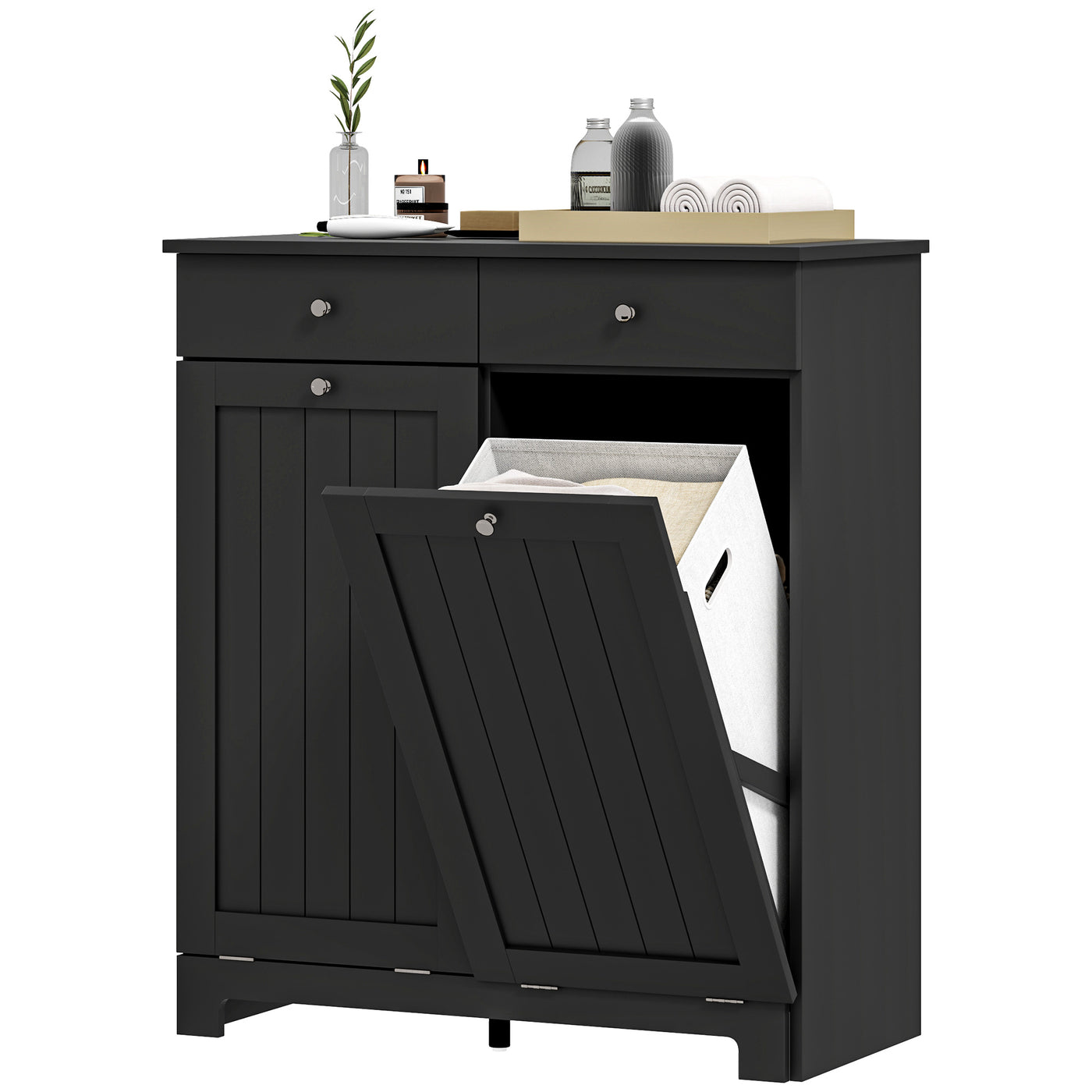 Laundry Cabinet, Tilt Out Laundry Hamper Cabinet with 2 Baskets, Bathroom Hamper Cabinet with 2 Drawers, Black