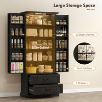 72" LED Kitchen Pantry Cabinet, Buffet Storage Cabinet with 10 Door Shelves, 2 Drawers and Adjustable Shelves, Black