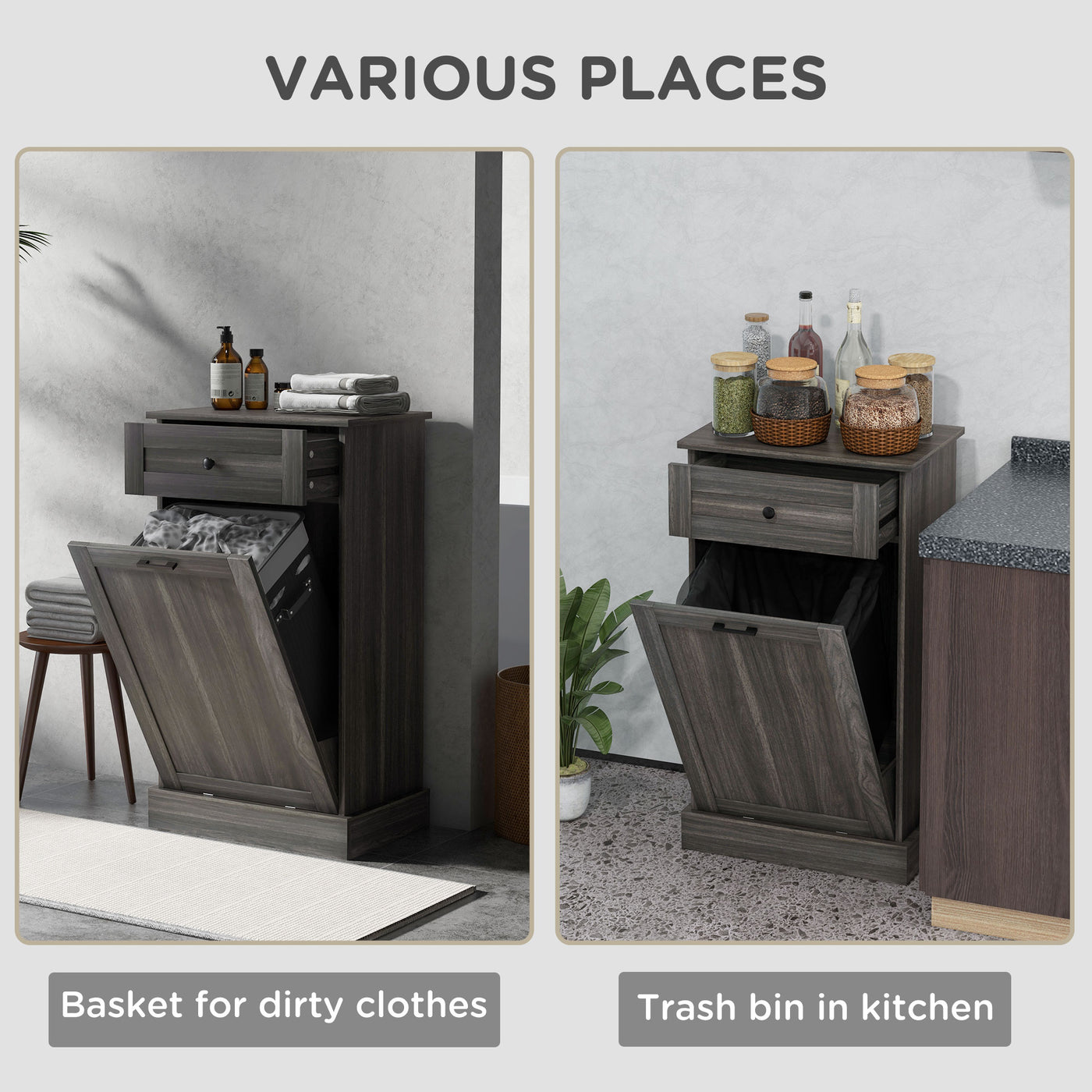 Kitchen Tilt Out Trash Bin Cabinet, Free Standing Recycling Cabinet, Trash Can Holder with Drawer, Charcoal Grey