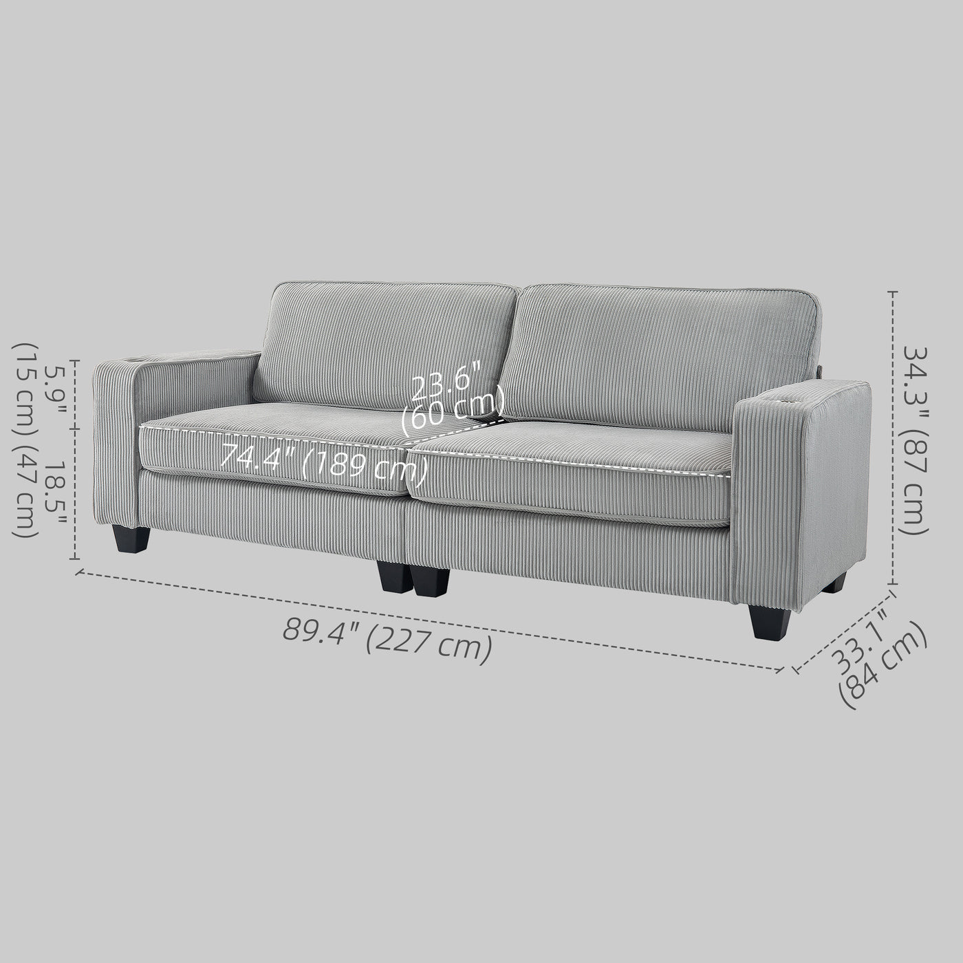 Three Seater Sofa, Fabric 3 Seater Couch with Spring Cushion and Cup Holders for Living Room, Bedroom, Light Grey