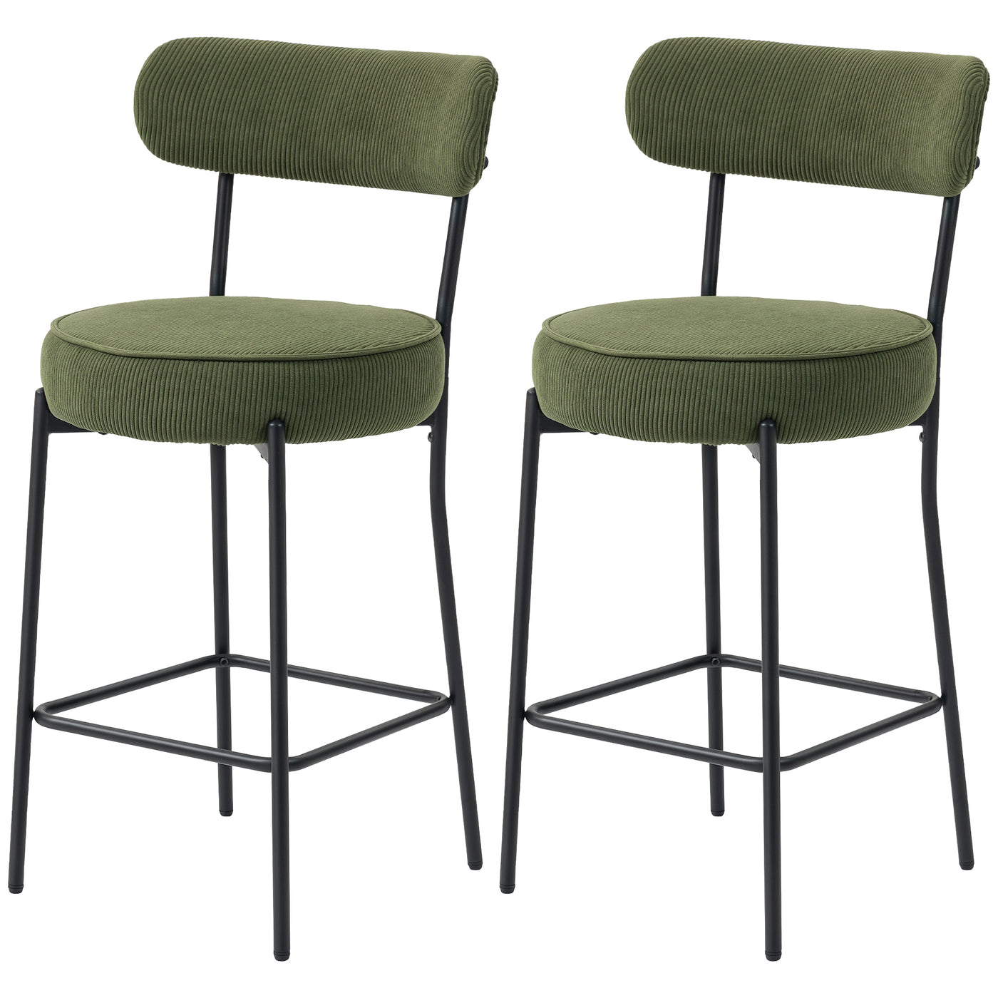 Set of 2 Barstools, Upholstered Corduroy Bar Stools with Backrest, Footrest for Kitchen Island, Dining Room, Green
