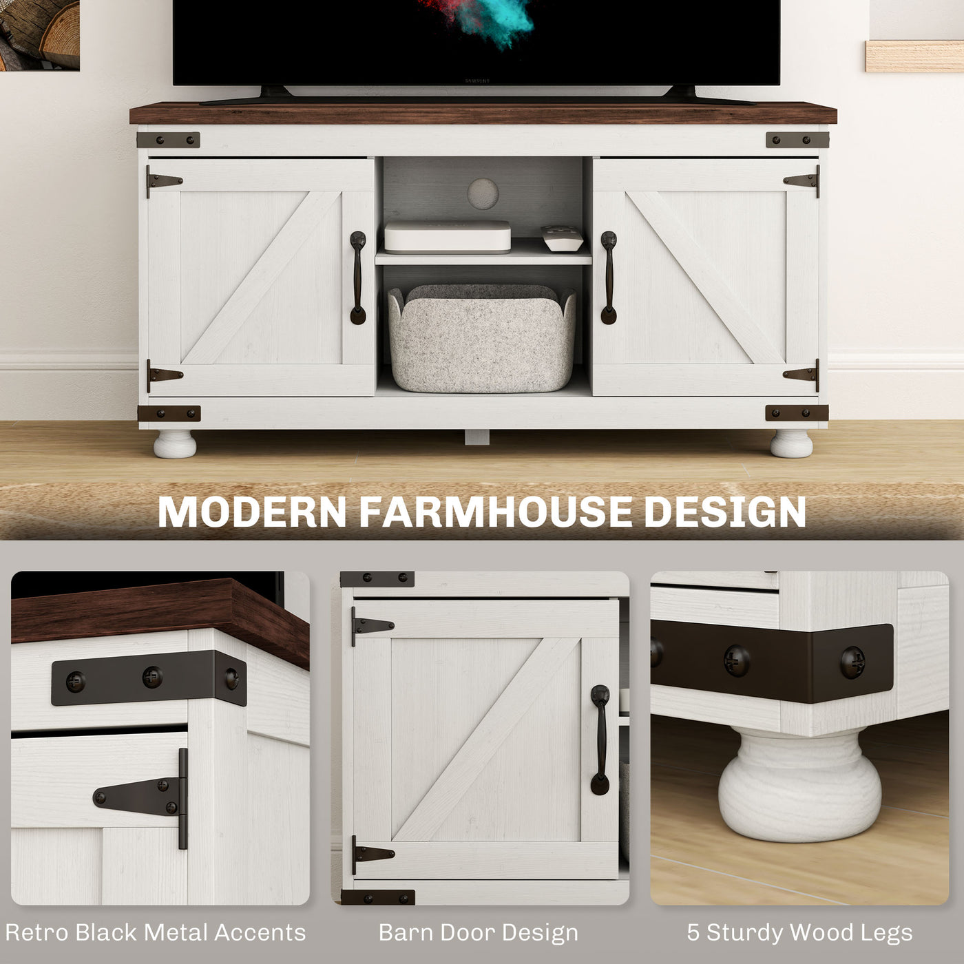 Farmhouse TV Stand for up to 50" TV, TV Cabinet with Barn Doors, Cable Management for Living Room, Distressed White