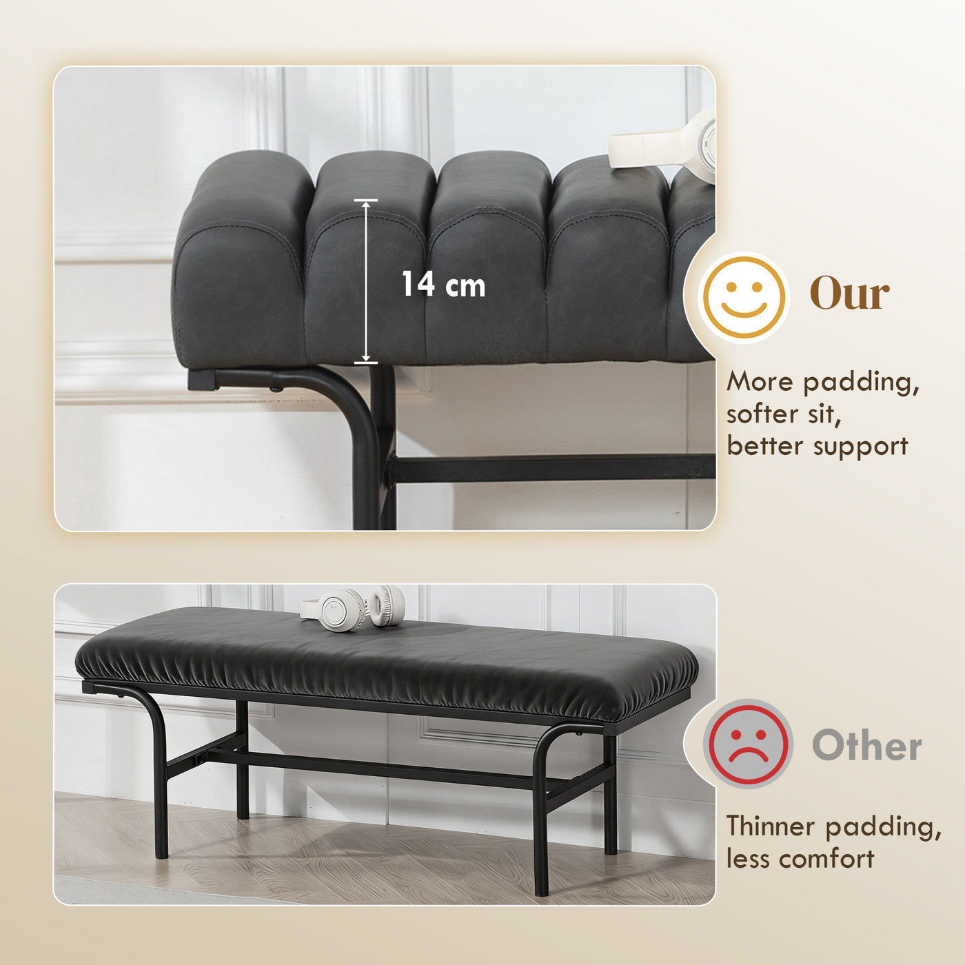 Bedroom Bench PU Leather End of Bed Bench with Cylindrical Seat and Metal Legs for Bedroom Living Room Hallway Black