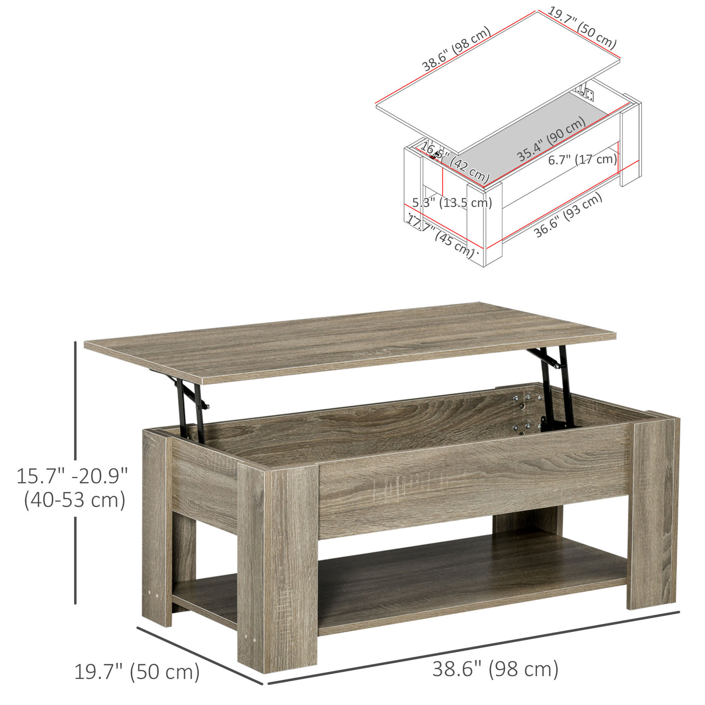 Lift Top Coffee Table with Hidden Storage Compartment and Open Shelf, Center Table for Living Room, Grey