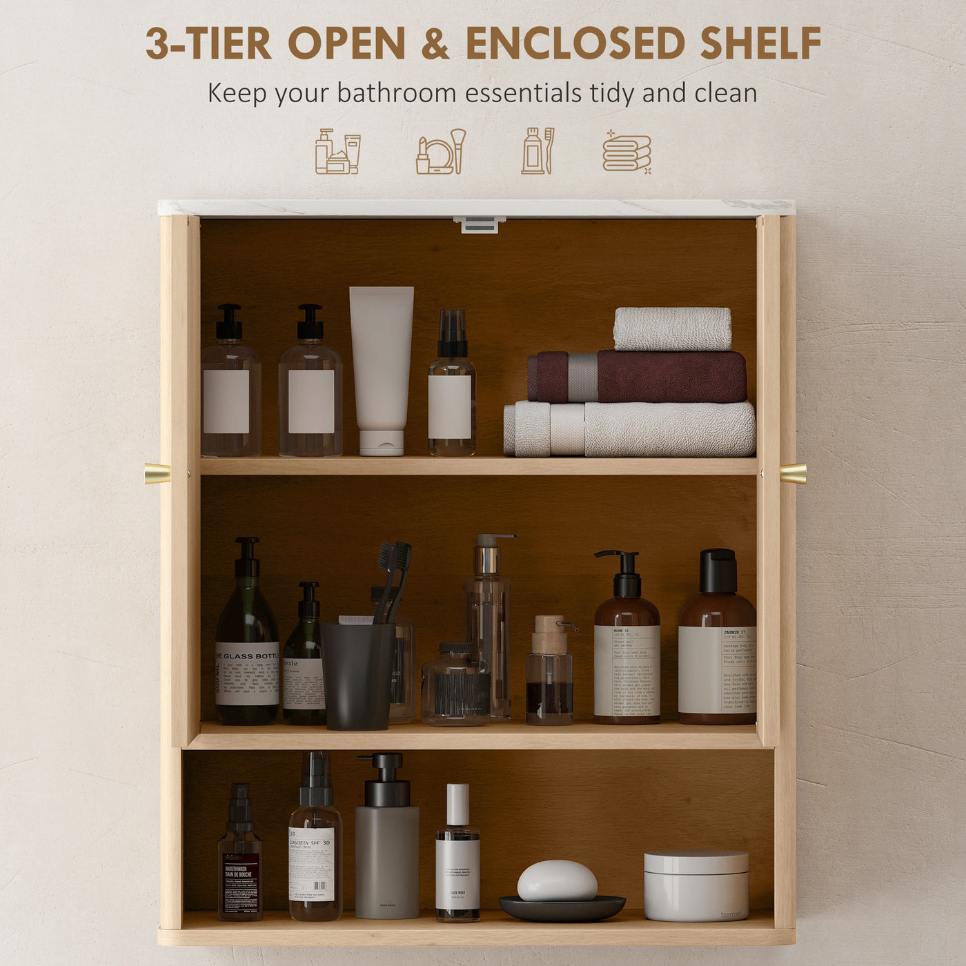 Bathroom Wall Cabinet, Wall-Mounted Medicine Cabinet with Adjustable Shelf, Open Shelf and Marble Effect Top, Oak