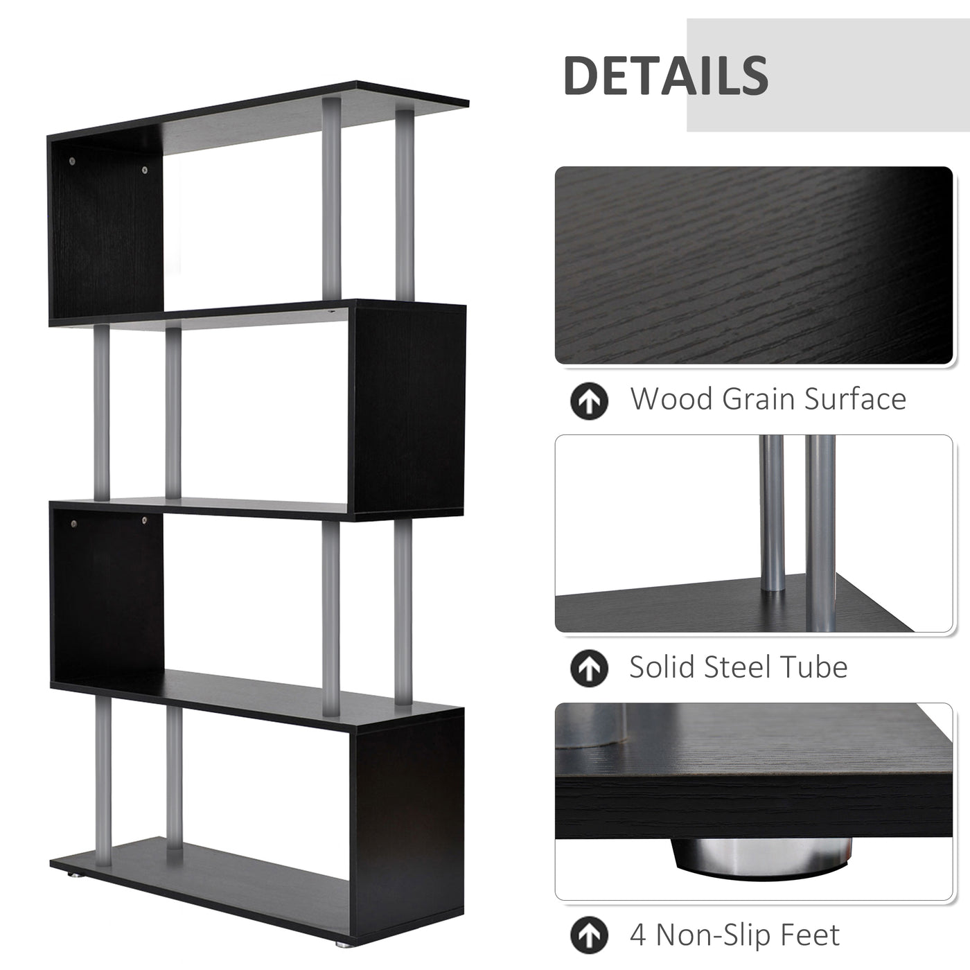 5-Tiers Geometric Wooden Bookcase S-Shaped Storage Bookshelf Display with Metal Frame for Living Room, Bedroom, Home Office, Black