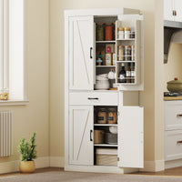 72" Kitchen Pantry Cabinet, Farmhouse Kitchen Storage Cabinet with 4 Barn Doors, 6 Door Shelves, Drawer, White