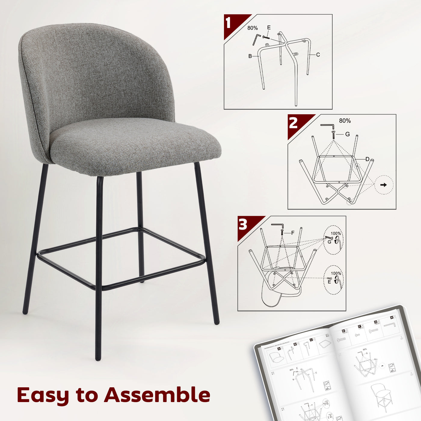 Set of 2 Counter Height Barstools, Upholstered Linen Bar Stools with Backrest, Footrest and Steel Legs, Dark Grey