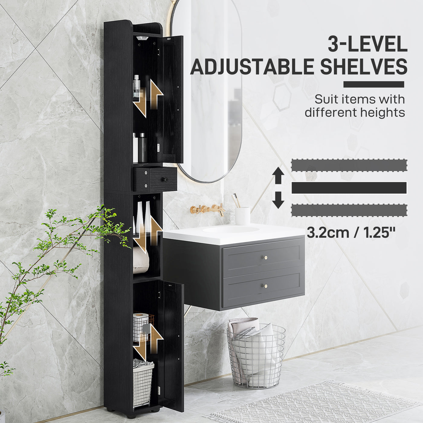 Narrow Bathroom Cabinet, Tall Bathroom Storage Cabinet with Barn Doors, Drawer and Adjustable Shelves, Black Wood Grain