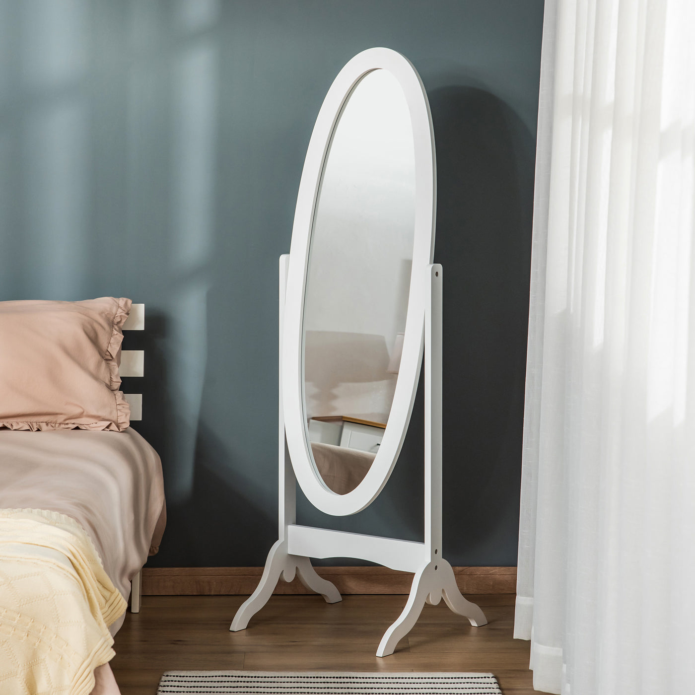Floor Standing Mirror Full Length Mirror with Adjustable Angle Oval Frame for Dressing Room Bedroom Living Room White