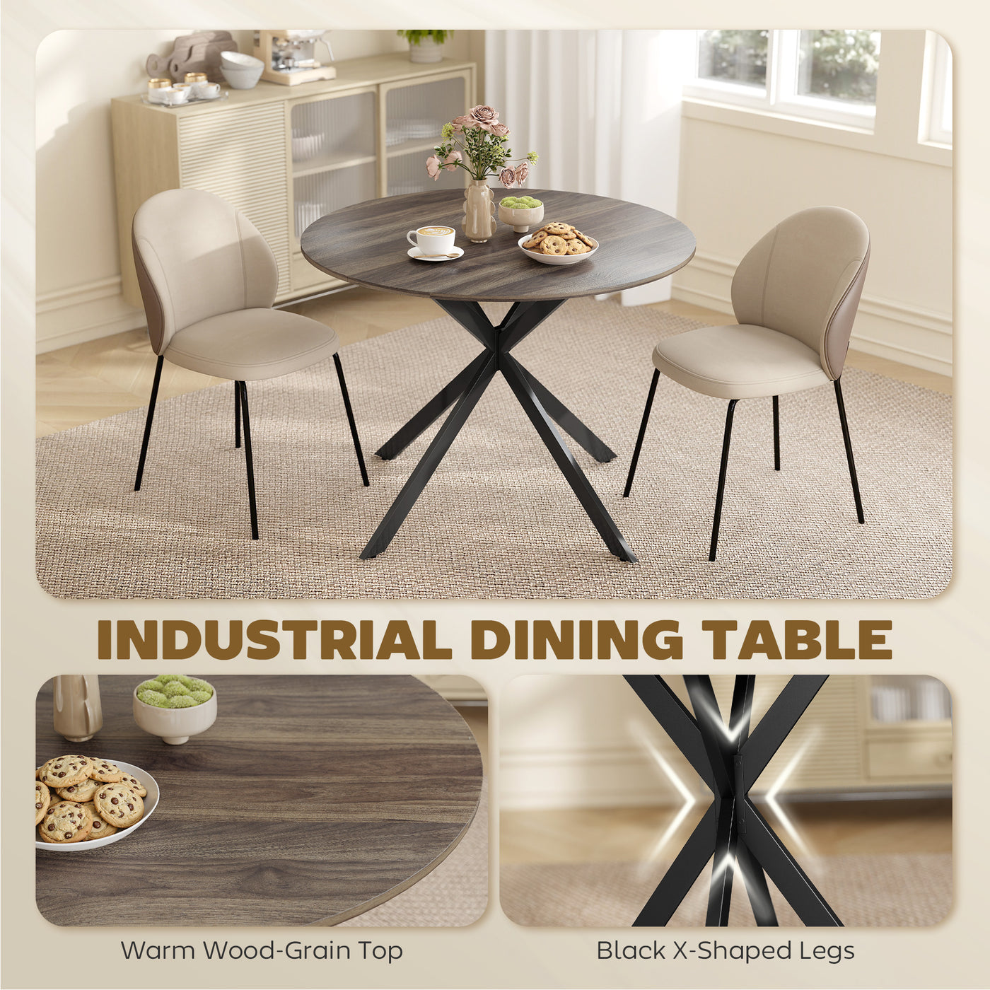 40" Round Kitchen Table for 4, Industrial Dining Table with Steel Legs for Dining Room, Distressed Brown