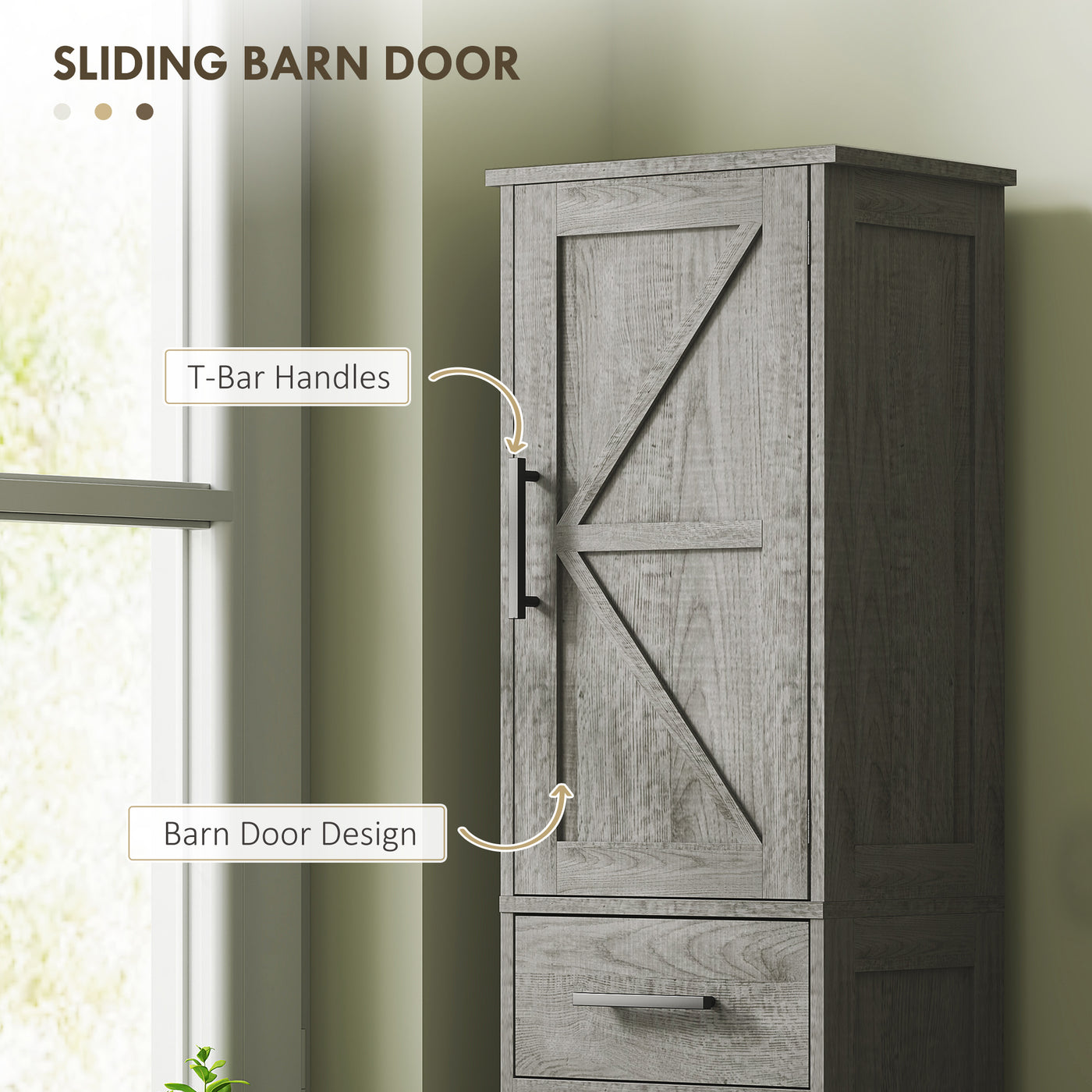 67" Tall Bathroom Cabinet, Narrow Bathroom Storage Cabinet with Drawer, Barn Doors and Adjustable Shelves, Dark Grey