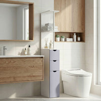 Tall Bathroom Storage Cabinet, Narrow Bathroom Cabinet with Drawers and Open Shelves for Small Spaces, White and Grey