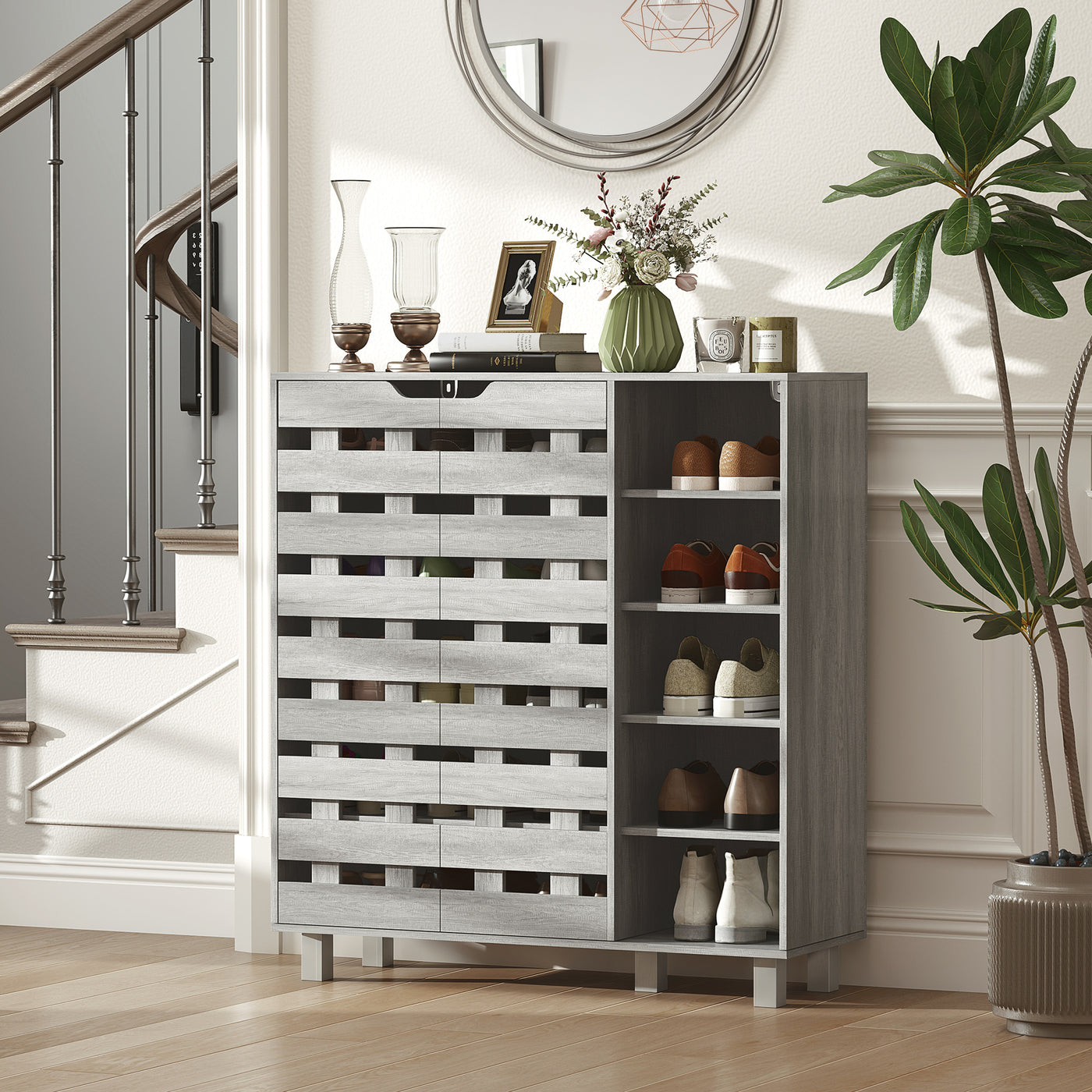 Shoe Cabinet, 21 Pair Shoe Storage Cabinet Organizer with 5-tier Double Door Cabinet and 5-tier Open Shelves, Light Grey