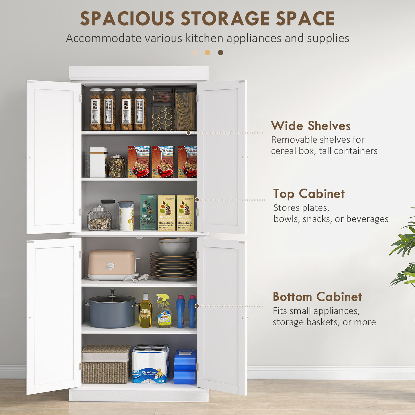 72.5" Freestanding Kitchen Pantry Cabinet with 4 Doors, White