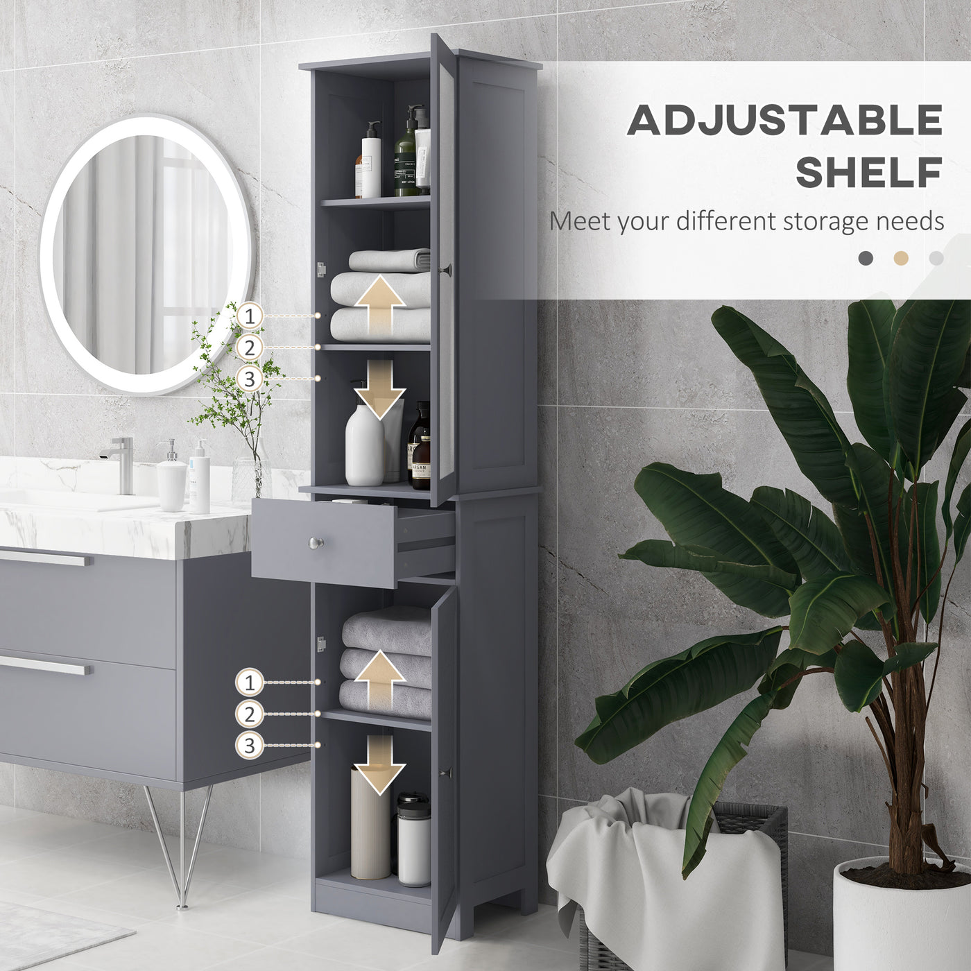 Tall Bathroom Cabinet, Bathroom Storage Cabinet with Drawers, 2 Doors and Adjustable Shelves, Grey