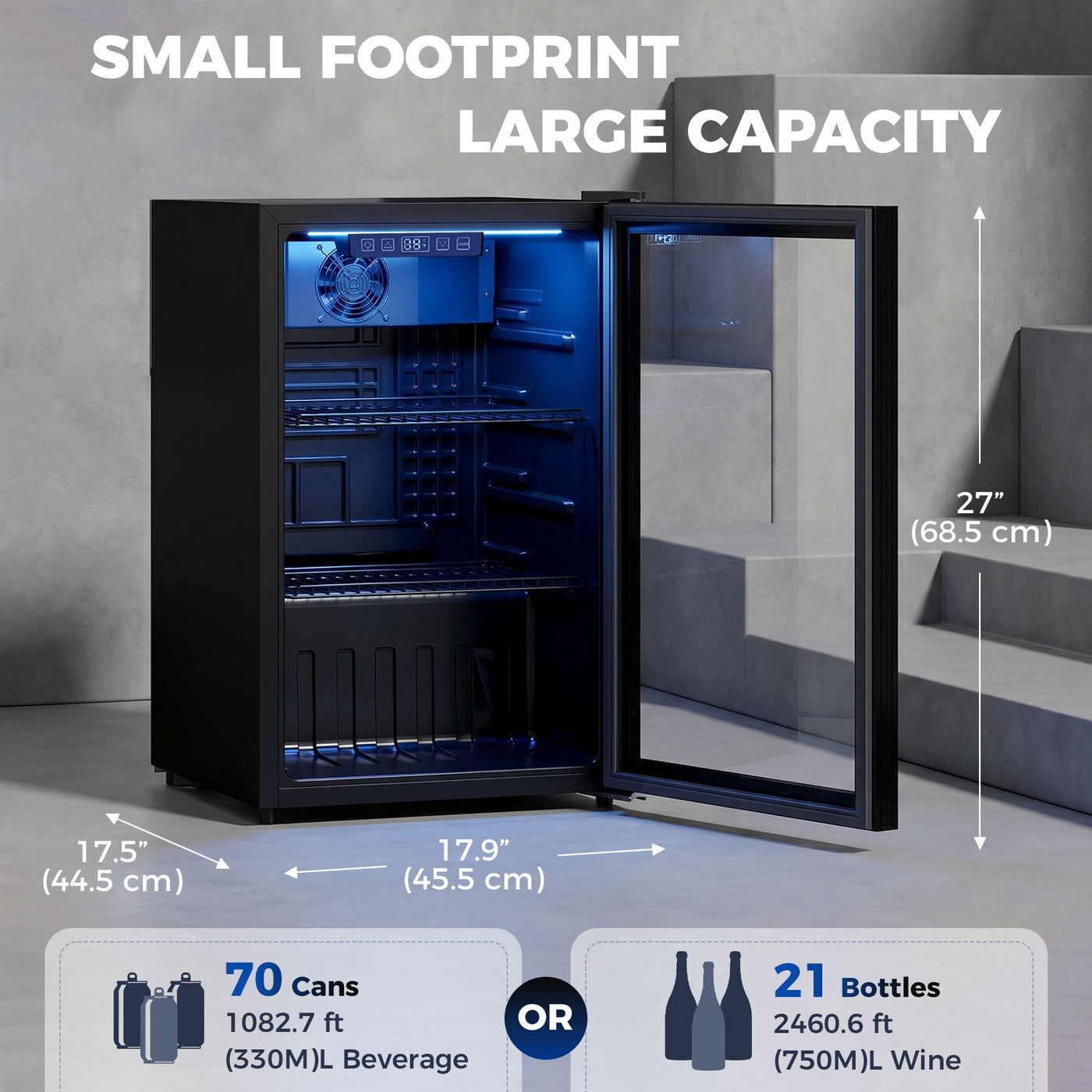 2.4 Cu.Ft Beverage Refrigerator, 70 Can Beverage Fridge Cooler with Double-Layer Glass Door