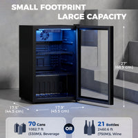 2.4 Cu.Ft Beverage Refrigerator, 70 Can Beverage Fridge Cooler with Double-Layer Glass Door