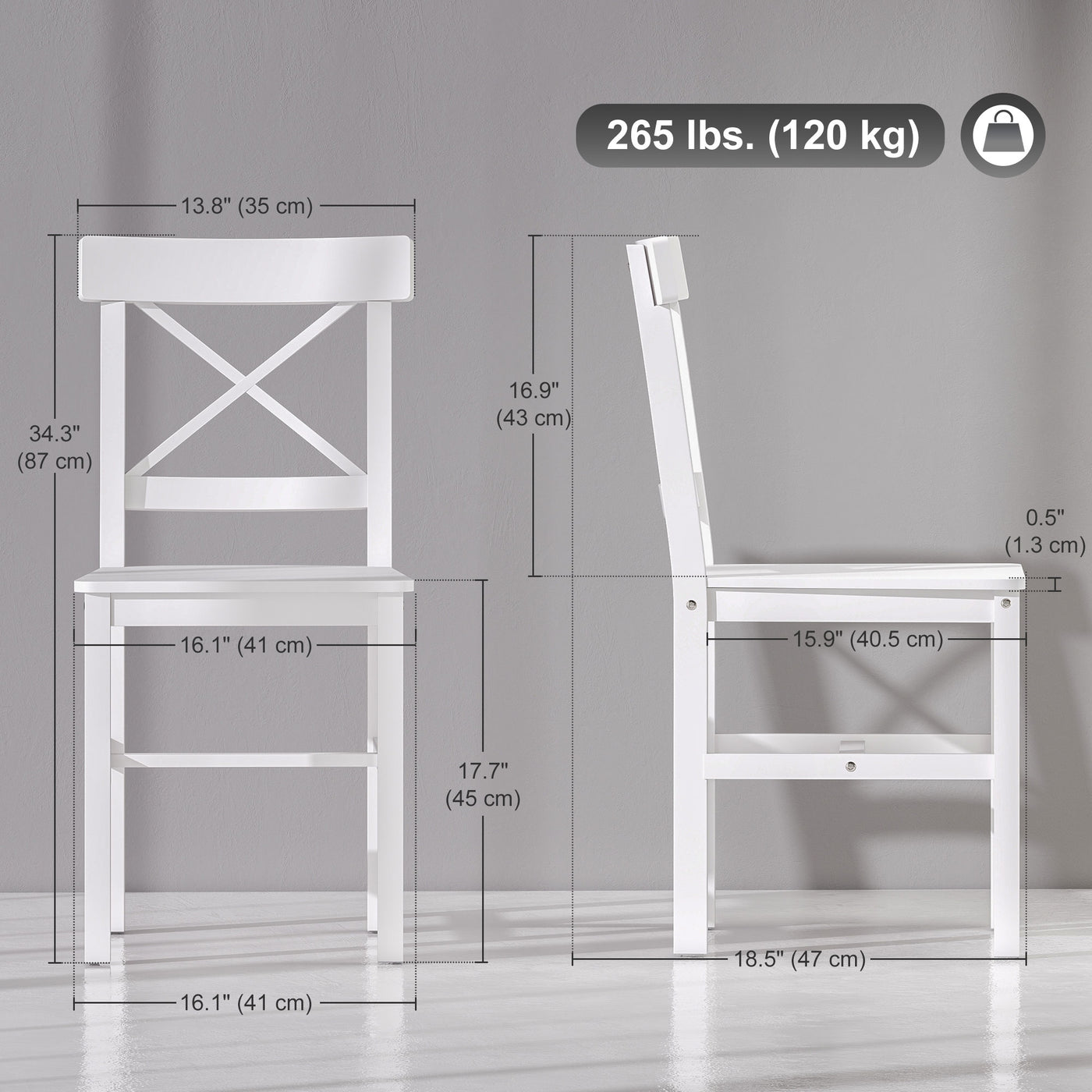 Wooden Dining Chairs Set of 2, Kitchen Chairs with Cross Back, Solid Structure for Living Room and Dining Room, White