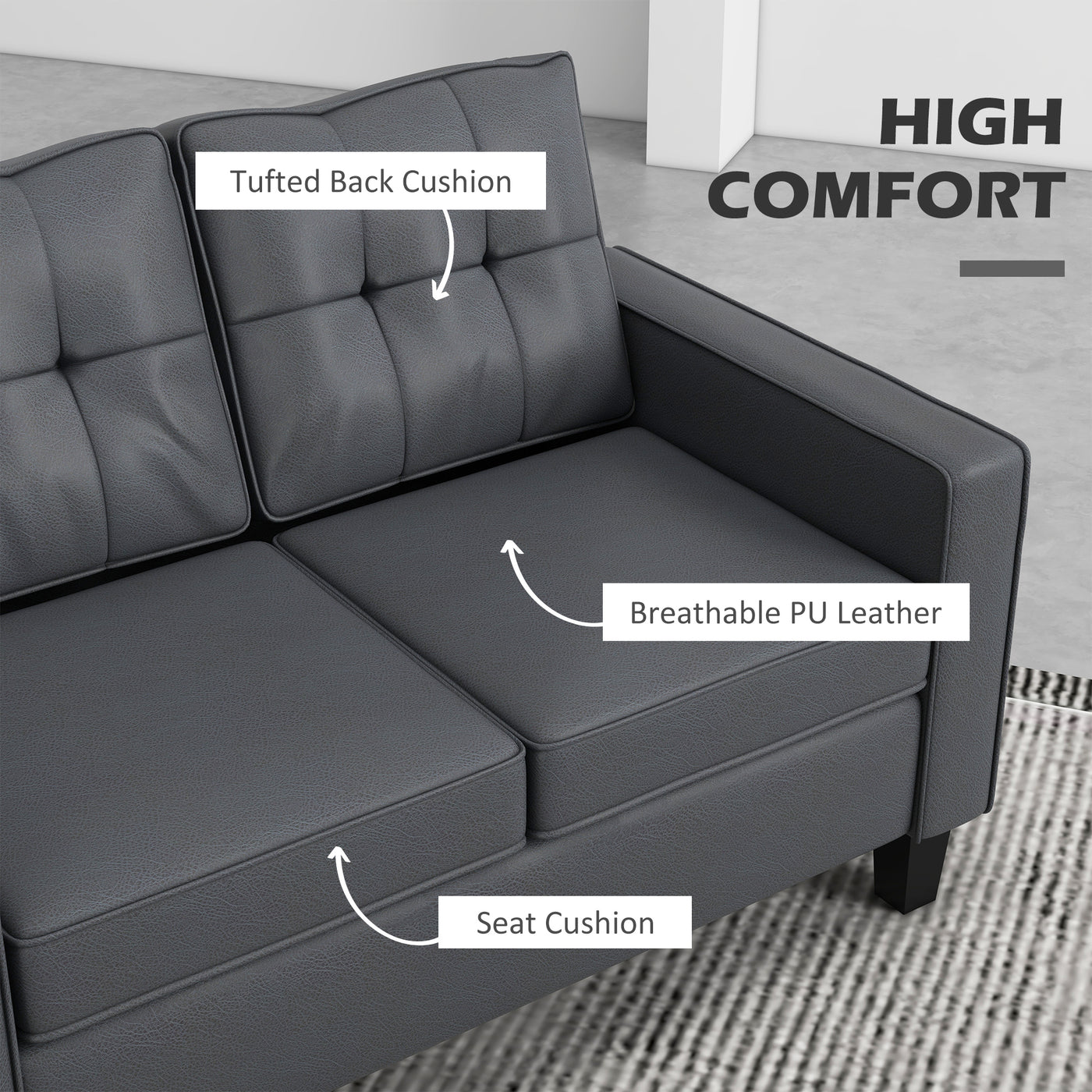 51" PU Leather Loveseat, Upholstered Double Sofa Couch with Armrests, Tufted Backrest, Pocket Spring and Sponge Padded Cushion for Living Room, Bedroom, Home Office, Grey