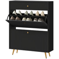 Narrow Shoe Storage Cabinet with Wave-like Panels and Adjustable Shelves for 12 Pairs of Shoes, Black