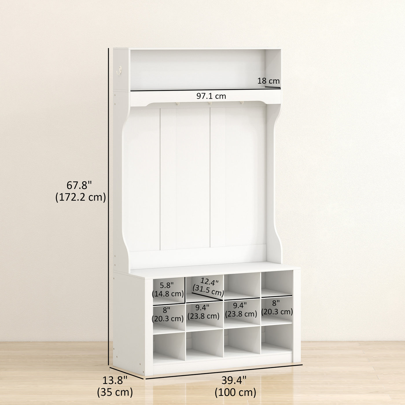4-In-1 Hall Tree with Bench and Shoe Storage, Farmhouse Coat Rack Shoe Bench with 12 Shoe Cubbies, 6 Hooks, White