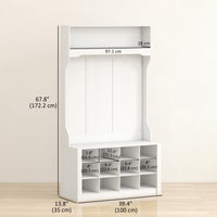 4-In-1 Hall Tree with Bench and Shoe Storage, Farmhouse Coat Rack Shoe Bench with 12 Shoe Cubbies, 6 Hooks, White