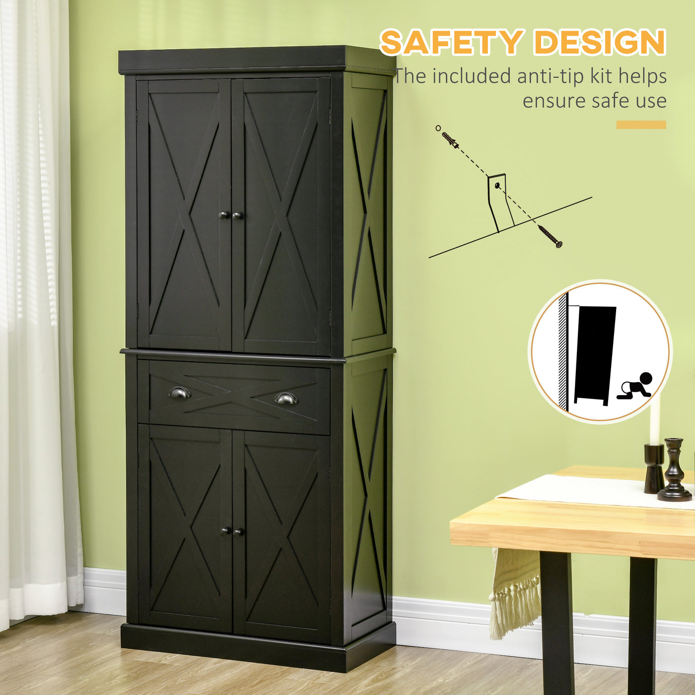 72.5" Kitchen Pantry Cabinet, Freestanding Storage Cabinet with 4 Doors, Drawer and Adjustable Shelves, Black