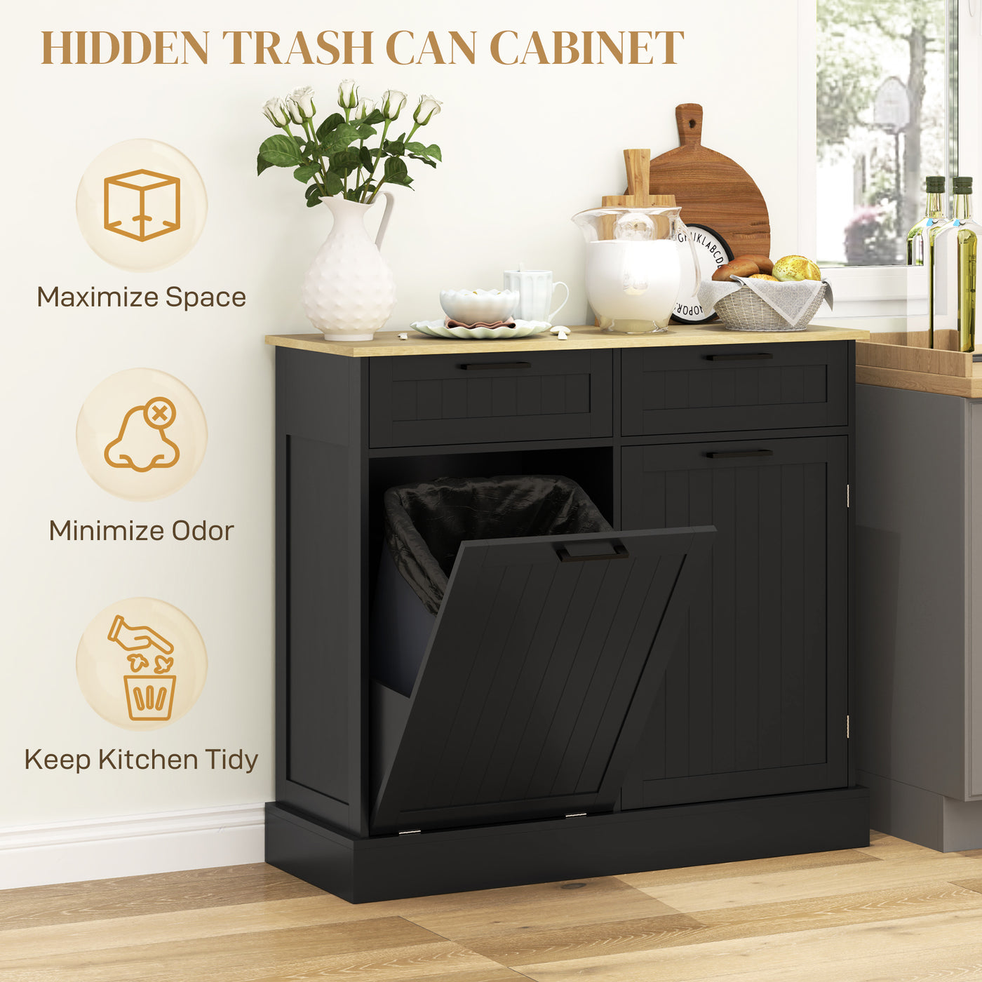 Hidden Garbage Bin Cabinet, Tilt Out Trash Cabinet w/ 2 Drawers, Freestanding Kitchen Island for Laundry, Black