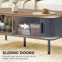 Nordic Side Table with Fluted Tambour Sliding Doors and Steel Legs, Coffee Table with Storage for Living Room, Black