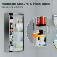 Wall Mount Medicine Cabinet, Bathroom Cabinet with 3 Tier Shelves, Stainless Steel Frame and Glass Door, Lockable with 2 Keys, Silver, 12" x 23.5"
