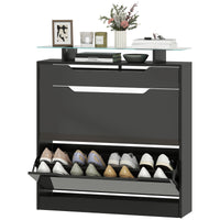 High Gloss Shoe Cabinet with 2 Flip Drawers and Adjustable Shelves, Narrow Shoe Storage Cabinet with Glass Top, Black