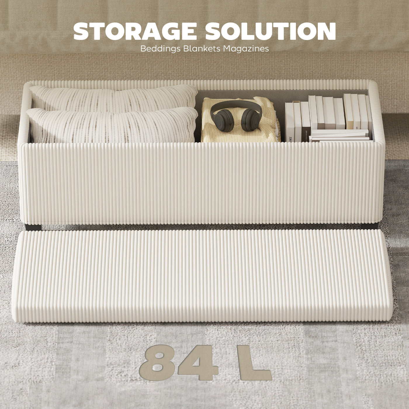 44 Inches Ottoman with Storage, Lid, Legs, Corduroy End of Bed Bench for Living Room, Bedroom, Entryway, Beige