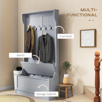 4-In-1 Hall Tree with Coat Rack, Top Shelf, Shoe Storage and Bench Seat, Entryway Bench with 5 Hooks, Grey
