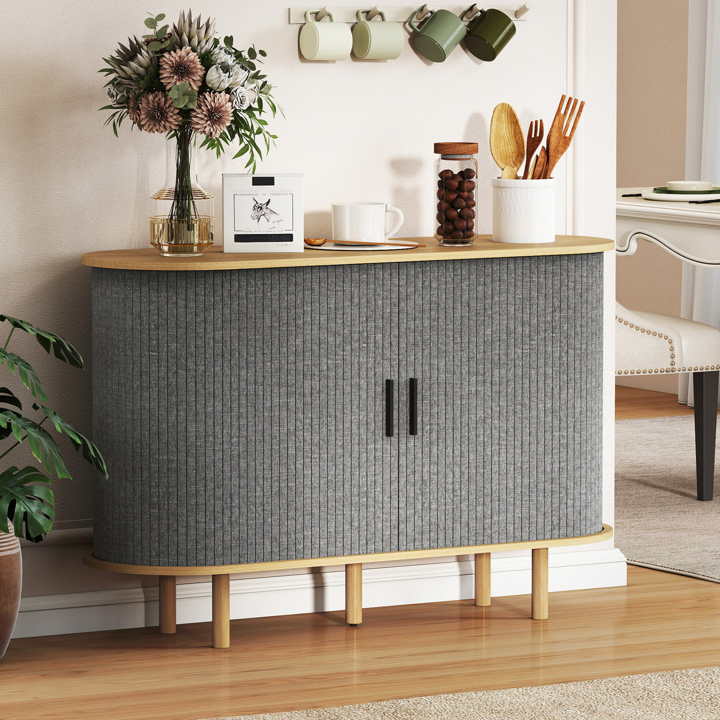 47" Buffet Cabinet with Tambour Sliding Doors, Fluted Sideboard with Storage Shelves and Wooden Legs, Grey