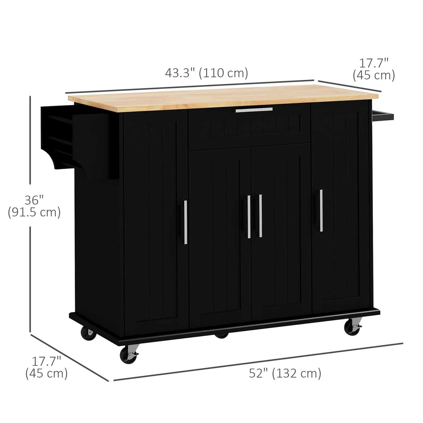 Modern Rolling Kitchen Island Cart with Drawers, Natural Wood Top, Towel Rack, Door Storage Cabinet, Black