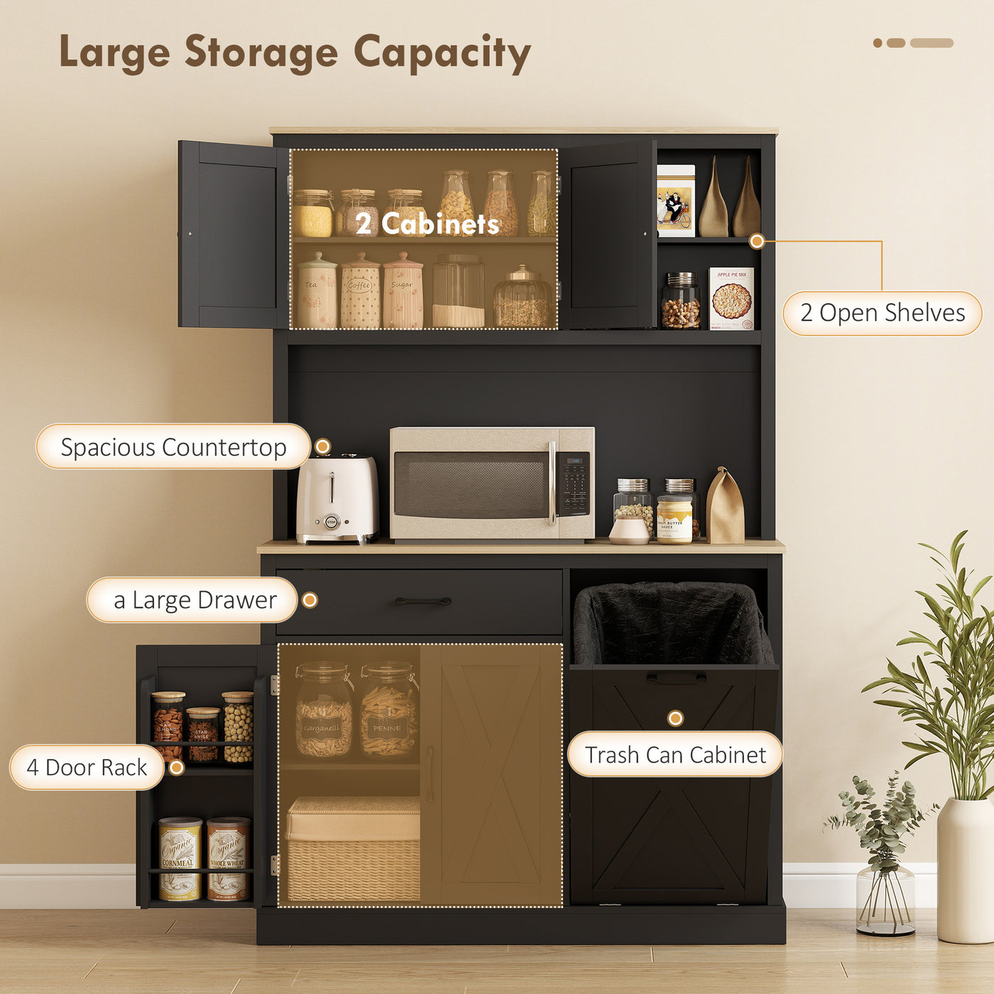 69" Pantry Cabinet with Charging Station, Kitchen Cabinet with Microwave Stand, Tilt-Out Trash Can Cabinet, Black
