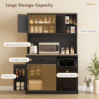 69" Pantry Cabinet with Charging Station, Kitchen Cabinet with Microwave Stand, Tilt-Out Trash Can Cabinet, Black