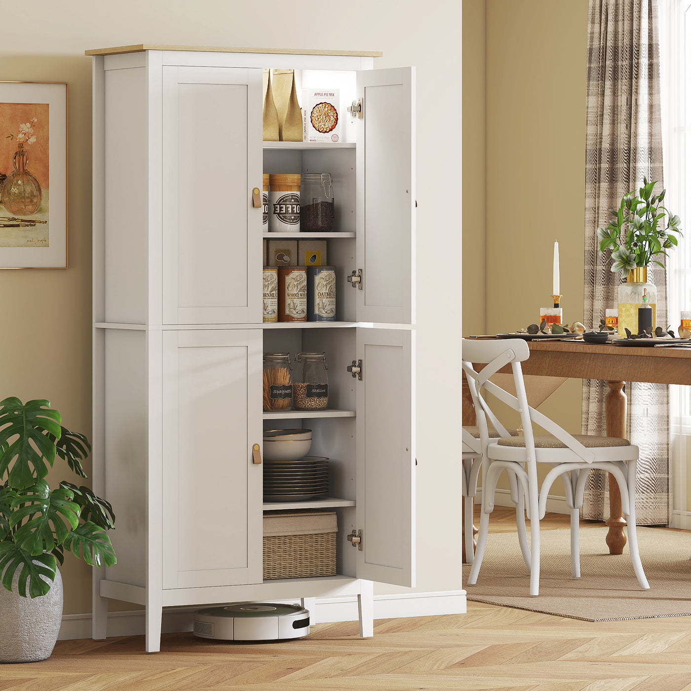 69.5" Tall Kitchen Pantry Storage Cabinet with Motion Sensor LED Light, Modern Kitchen Pantry Cabinet, White
